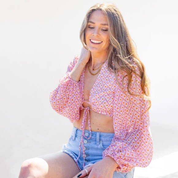 Pink & Orange Printed Long Sleeve Crop Top Keyhole Design Summer - Picture 4 of 13